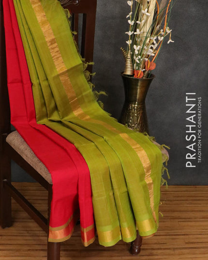 Silk cotton saree red and light green with plain body and simple zari woven border - {{ collection.title }} by Prashanti Sarees
