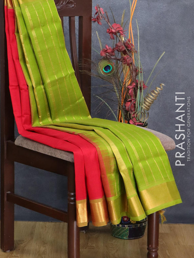 Silk cotton saree red and light green with plain body and zari woven border - {{ collection.title }} by Prashanti Sarees