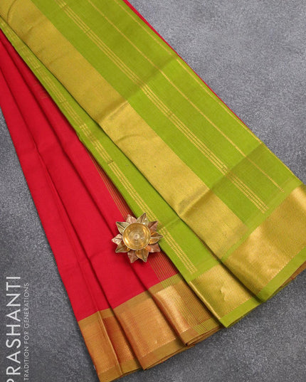 Silk cotton saree red and mehendi green with plain body and zari woven border - {{ collection.title }} by Prashanti Sarees