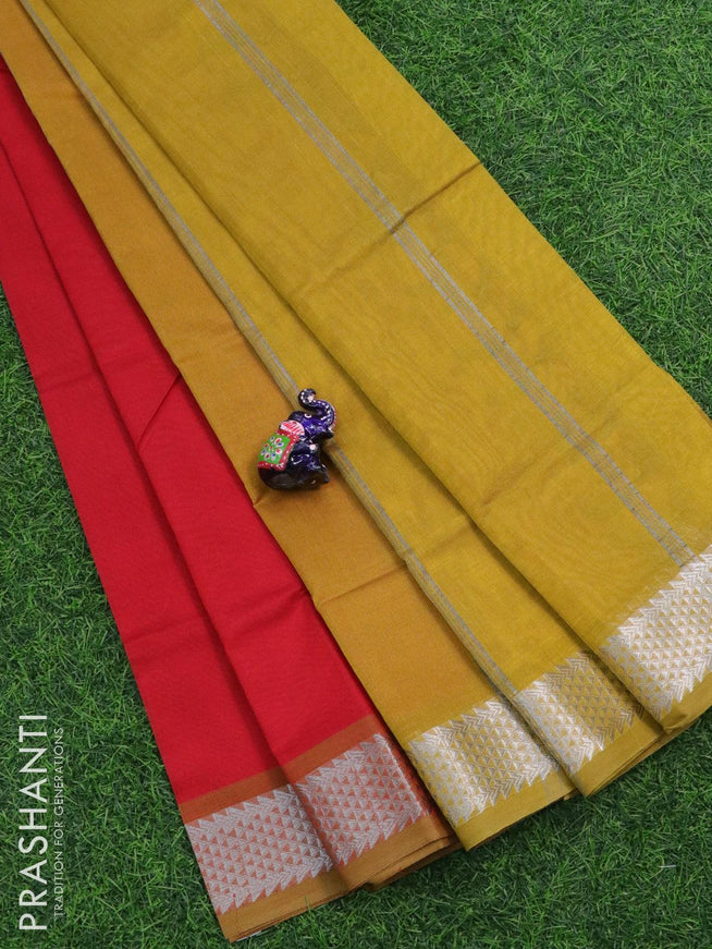 Silk cotton saree red and mustard yellow with plain body and silver zari woven border - {{ collection.title }} by Prashanti Sarees