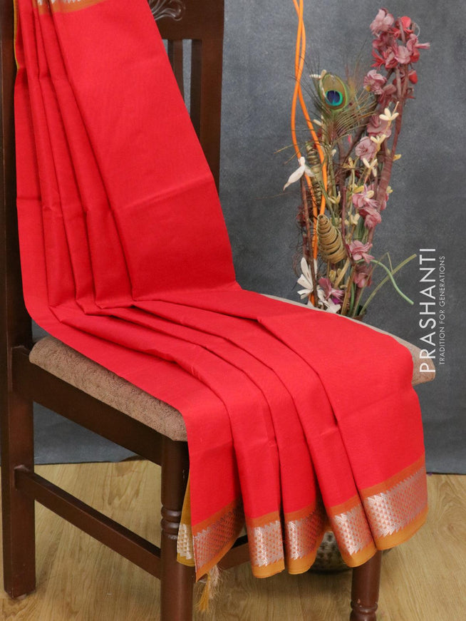 Silk cotton saree red and mustard yellow with plain body and silver zari woven border - {{ collection.title }} by Prashanti Sarees
