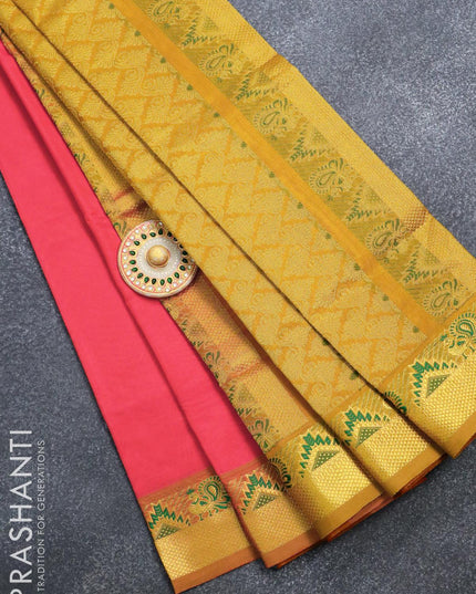 Silk cotton saree red and mustard yellow with plain body and temple & annam zari woven border - {{ collection.title }} by Prashanti Sarees