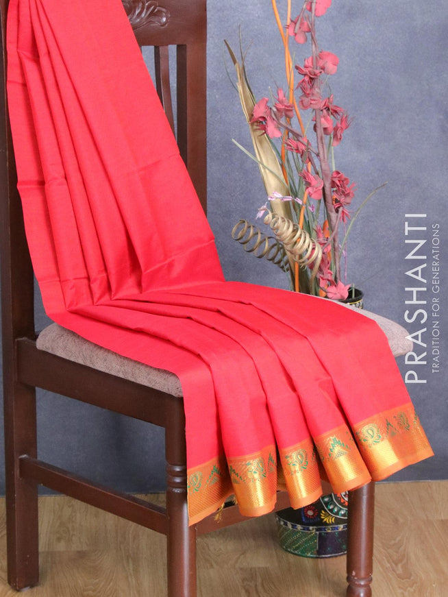Silk cotton saree red and mustard yellow with plain body and temple & annam zari woven border - {{ collection.title }} by Prashanti Sarees