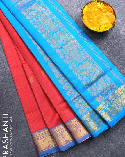 Silk cotton saree red shade and cs blue with zari woven buttas and zari woven border - {{ collection.title }} by Prashanti Sarees