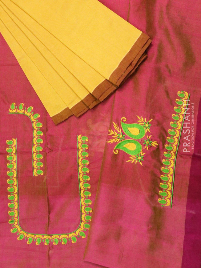 Silk cotton saree sandal and dual shade of greenish purple with piping border and embroided blouse - {{ collection.title }} by Prashanti Sarees