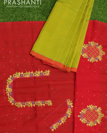 Silk cotton saree yellowish green and red with piping border and thread & stone embroided blouse - {{ collection.title }} by Prashanti Sarees