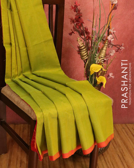 Silk cotton saree yellowish green and red with piping border and thread & stone embroided blouse - {{ collection.title }} by Prashanti Sarees