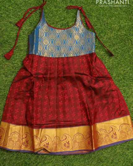 Silk kids frock blue and deep maroon with allover self emboss and zari woven border for 5 years - {{ collection.title }} by Prashanti Sarees