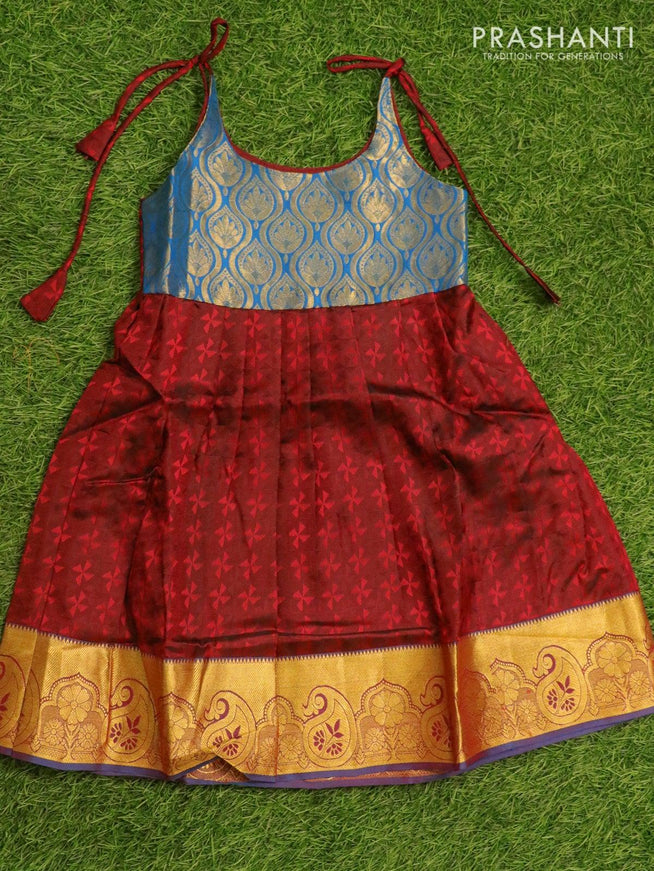 Silk kids frock blue and deep maroon with allover self emboss and zari woven border for 5 years - {{ collection.title }} by Prashanti Sarees