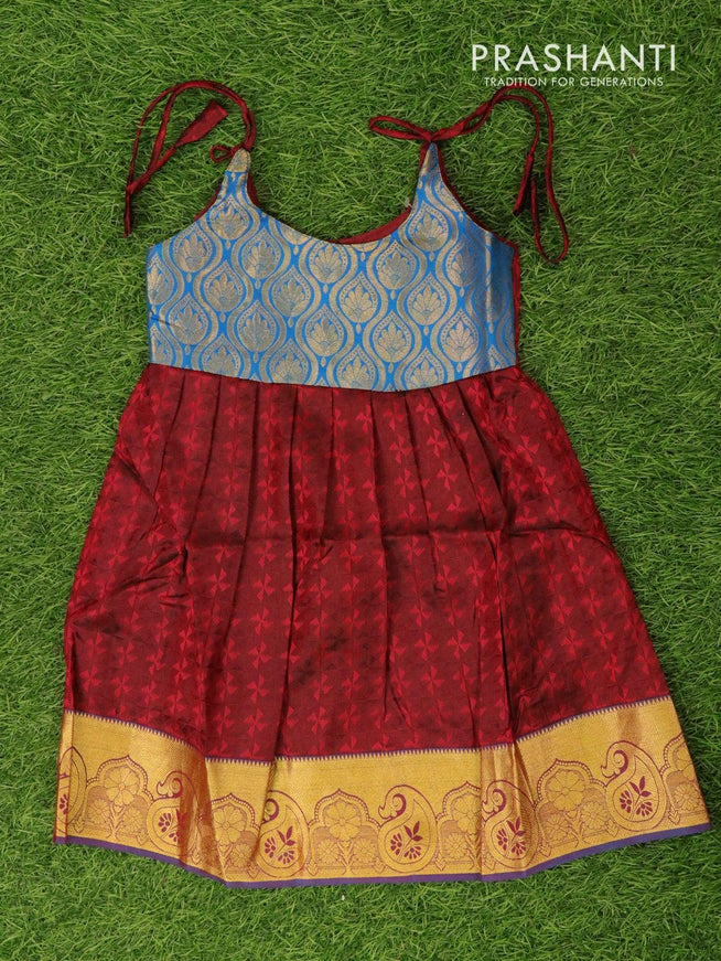 Silk kids frock blue and maroon with self emboss and zari woven border for 4 years - {{ collection.title }} by Prashanti Sarees