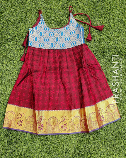 Silk kids frock blue and maroon with zari woven border for 4 years - {{ collection.title }} by Prashanti Sarees