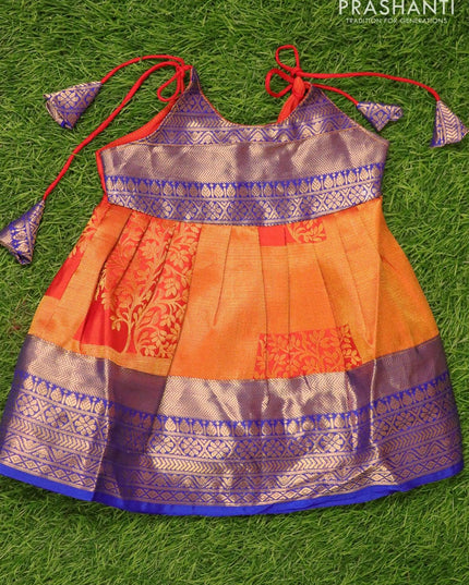 Silk kids frock blue and orange with allover zari weaves and zari woven border for 3 months - {{ collection.title }} by Prashanti Sarees