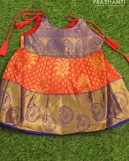 Silk kids frock blue and orange with allover zari weaves and zari woven border for 3 months - {{ collection.title }} by Prashanti Sarees