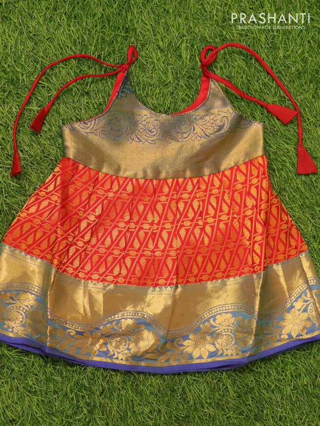 Silk kids frock blue shade and red with allover zari weaves and zari woven border for 3 months - {{ collection.title }} by Prashanti Sarees