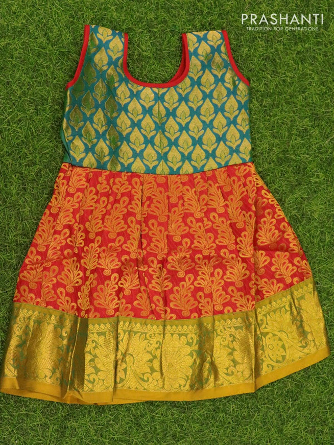 Silk kids frock dual shade of green and maroon with allover zari weaves and zari woven border for 6 months - {{ collection.title }} by Prashanti Sarees