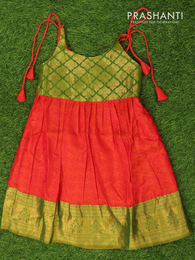 Silk kids frock dual shade of green and orange with self emboss and zari woven border for 5 years - {{ collection.title }} by Prashanti Sarees