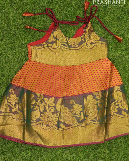 Silk kids frock dual shade of green and pink with allover zari weaves and zari woven border for 3 months - {{ collection.title }} by Prashanti Sarees