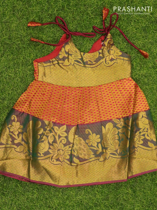 Silk kids frock dual shade of green and pink with allover zari weaves and zari woven border for 3 months - {{ collection.title }} by Prashanti Sarees