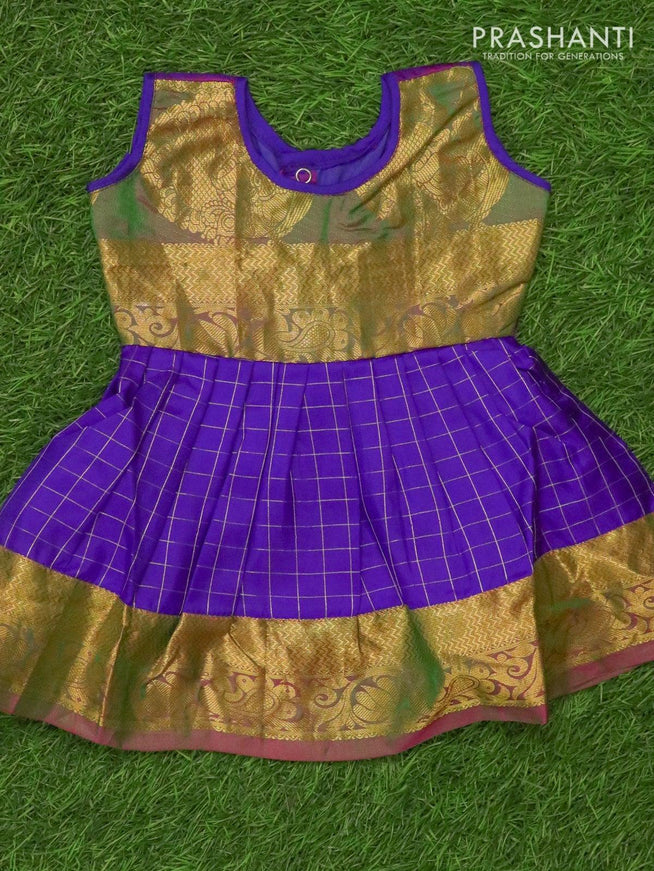 Silk kids frock dual shade of green and violet with allover zari checks and zari woven border for 3 months - {{ collection.title }} by Prashanti Sarees