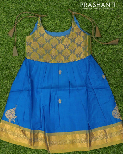 Silk kids frock dual shade of greenish blue and cs blue with small zari woven buttas and zari woven border for 4 years - {{ collection.title }} by Prashanti Sarees