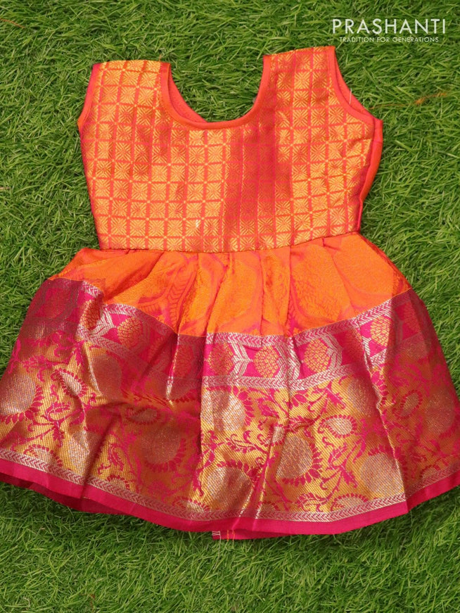 Silk kids frock dual shade of orange and with self emboss and zari woven border for 3 months - {{ collection.title }} by Prashanti Sarees