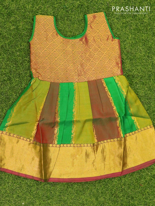 Silk kids frock green and dual shade of maroon with allover zari lines and zari woven border for 6 months - {{ collection.title }} by Prashanti Sarees