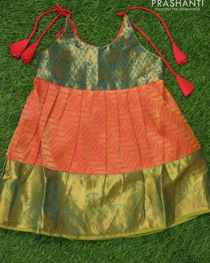 Silk kids frock green and dual shade of orange with allover zari weaves and zari woven border for 6 months - {{ collection.title }} by Prashanti Sarees