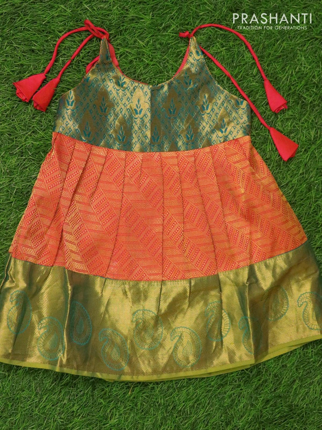 Silk kids frock green and dual shade of orange with allover zari weaves and zari woven border for 6 months - {{ collection.title }} by Prashanti Sarees