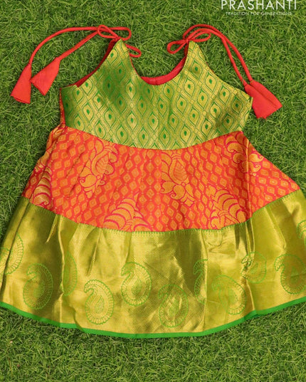 Silk kids frock green and dual shade of pink with allover zari weaves and zari woven border for 3 months - {{ collection.title }} by Prashanti Sarees