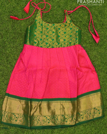 Silk kids frock green and dual shade of pink with self emboss and zari woven border for 5 years - {{ collection.title }} by Prashanti Sarees