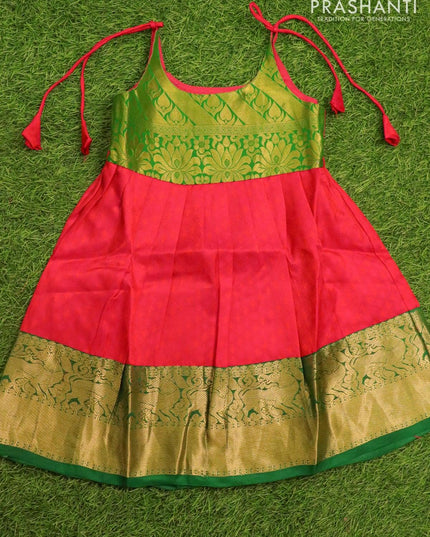 Silk kids frock green and dual shade of pink with self emboss and zari woven border for 5 years - {{ collection.title }} by Prashanti Sarees