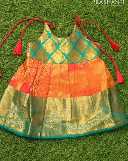 Silk kids frock green and dual shade of red with allover zari weaves and zari woven border for 3 months - {{ collection.title }} by Prashanti Sarees