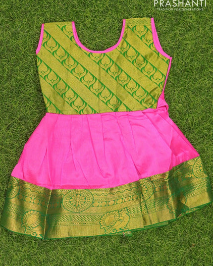 Silk kids frock green and light pink with plain and zari woven border for 3 months - {{ collection.title }} by Prashanti Sarees
