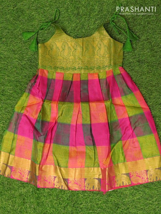 Silk kids frock green and multi colour with checked pattern self embossed and zari woven border for 5 years - {{ collection.title }} by Prashanti Sarees
