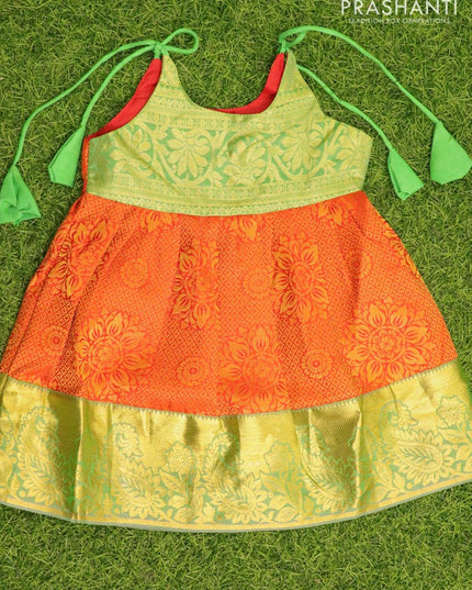 Silk kids frock green and orange with allover zari weaves and zari woven border for 6 months - {{ collection.title }} by Prashanti Sarees