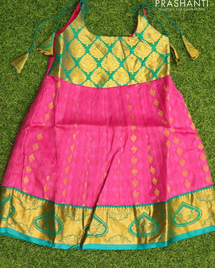 Silk kids frock green and pink with self emboss & buttas and zari woven border for 4 years - {{ collection.title }} by Prashanti Sarees