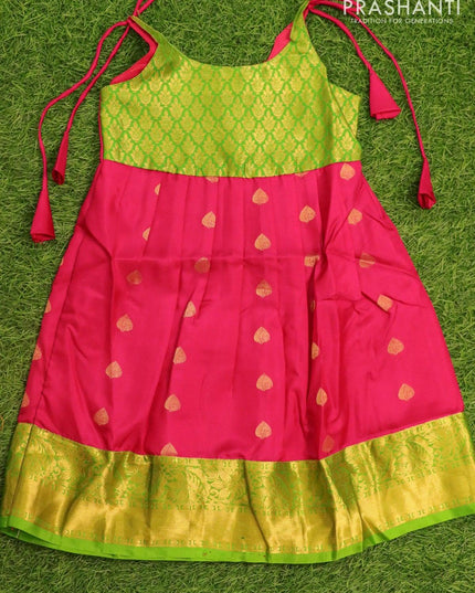 Silk kids frock green and pink with small zari woven buttas and zari woven border for 5 years - {{ collection.title }} by Prashanti Sarees
