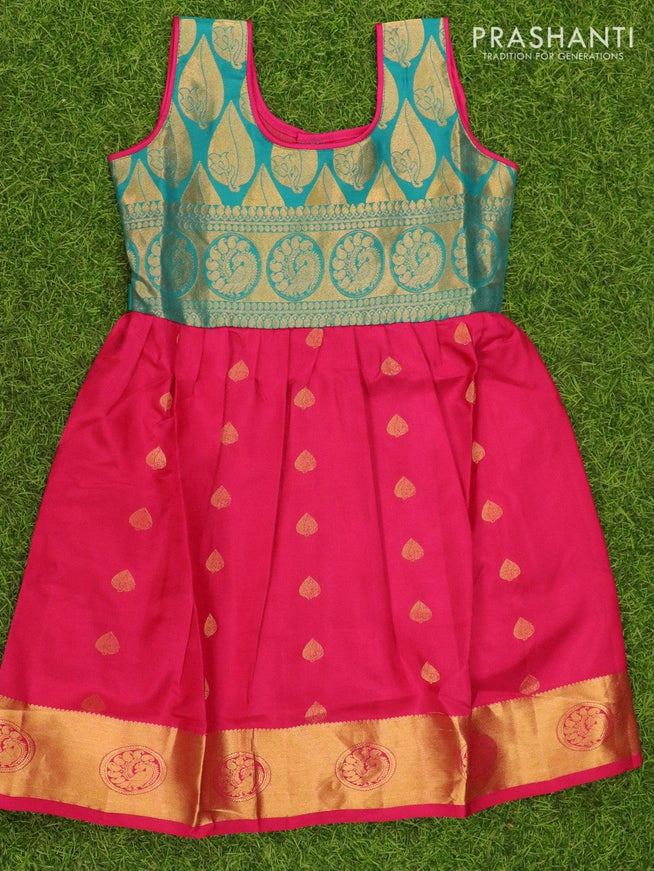 Silk kids frock green and pink with zari woven buttas and zari woven border for 5 years - {{ collection.title }} by Prashanti Sarees