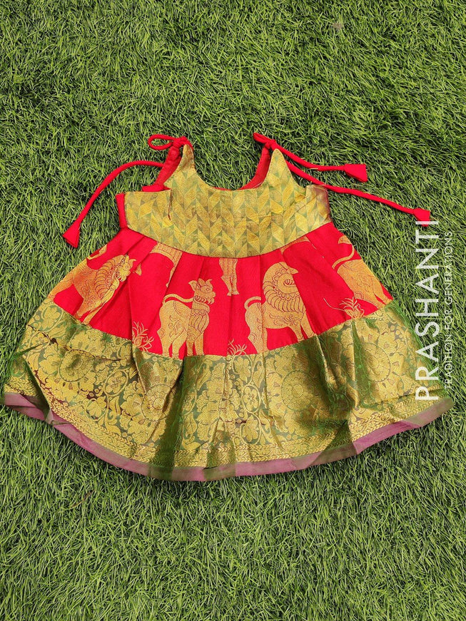 Silk kids frock green and red with allover zari buttas and zari border for 3 months - {{ collection.title }} by Prashanti Sarees