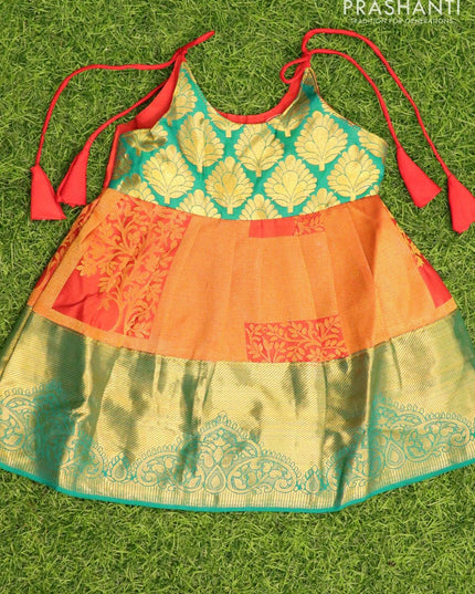 Silk kids frock green and red with allover zari weaves and zari woven border for 3 months - {{ collection.title }} by Prashanti Sarees