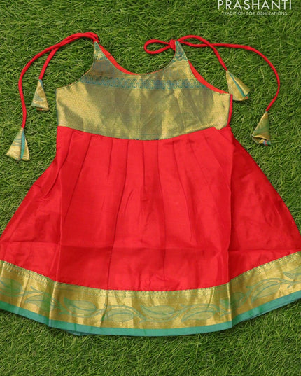 Silk kids frock green shade and red with plain and zari woven border for 6 months - {{ collection.title }} by Prashanti Sarees