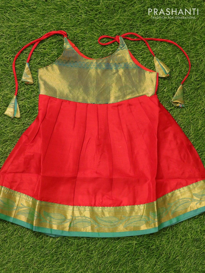 Silk kids frock green shade and red with plain and zari woven border for 6 months - {{ collection.title }} by Prashanti Sarees