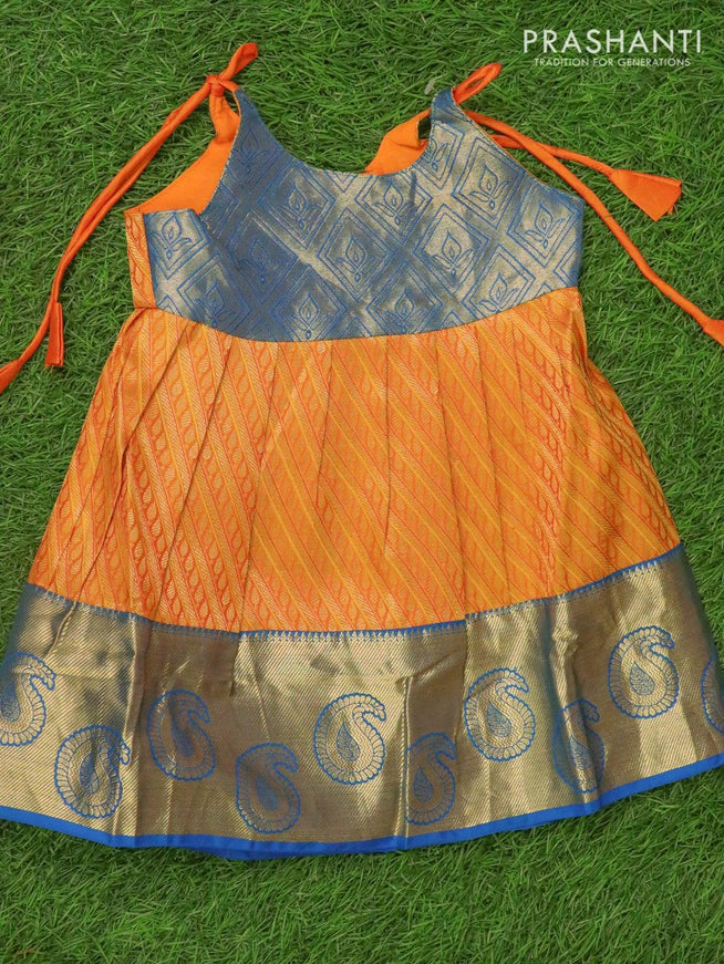 Silk kids frock light blue and orange shade with allover zari weaves and zari woven border for 6 months - {{ collection.title }} by Prashanti Sarees