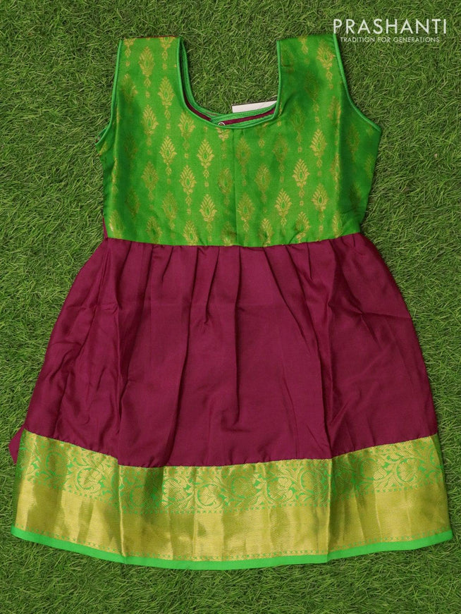 Silk kids frock light green and dark pink with plain and zari woven border for 4 years - {{ collection.title }} by Prashanti Sarees