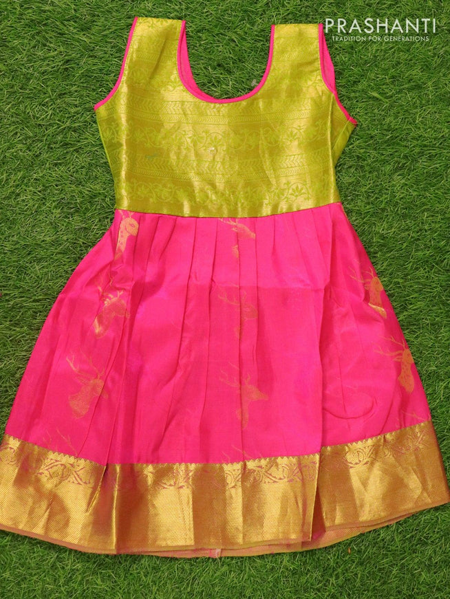 Silk kids frock light green and pink with deer buttas and zari woven border for 4 years - {{ collection.title }} by Prashanti Sarees