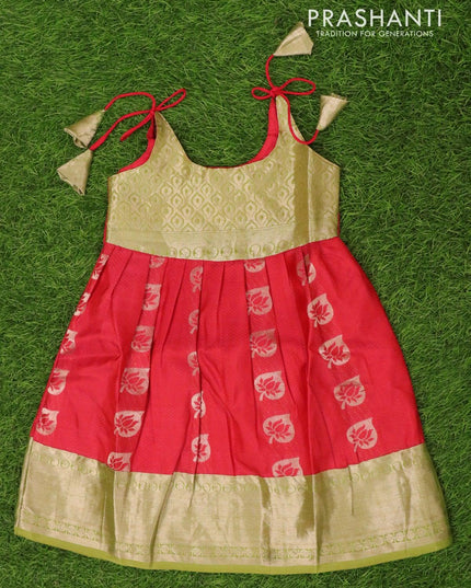 Silk kids frock light green and pinkish red with self emboss zari woven buttas and zari woven border for 4 years - {{ collection.title }} by Prashanti Sarees