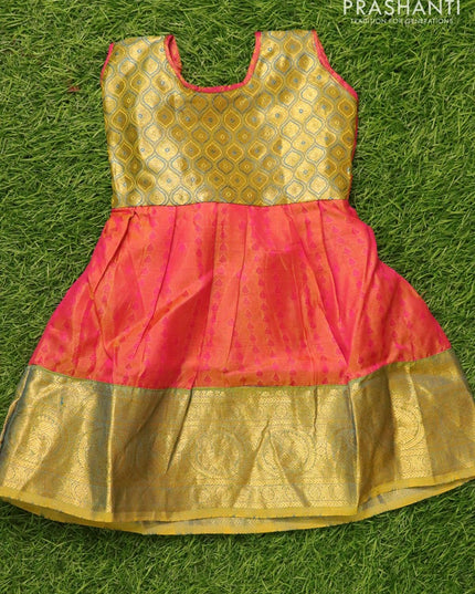 Silk kids frock lime green and dual shade of orange with self emboss and zari woven border for 3 months - {{ collection.title }} by Prashanti Sarees