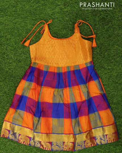 Silk kids frock mango yellow and multi colour with checked pattern self embossed and zari woven border for 5 years - {{ collection.title }} by Prashanti Sarees