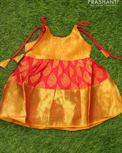 Silk kids frock mango yellow and red with zari woven buttas and zari woven border for 3 months - {{ collection.title }} by Prashanti Sarees