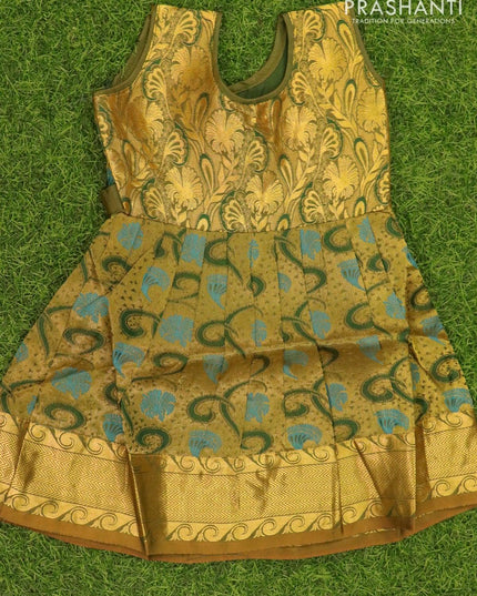 Silk kids frock mehandi green and with allover zari weaves and zari woven border for 6 months - {{ collection.title }} by Prashanti Sarees